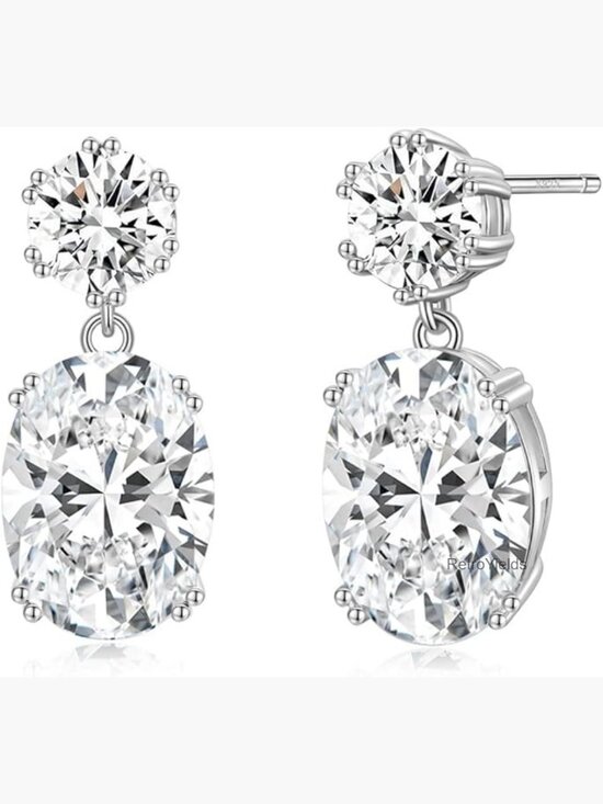 Jewelry - Cubic Zirconia Dangle Drop Oval Silver Post Bridal Prom Earrings